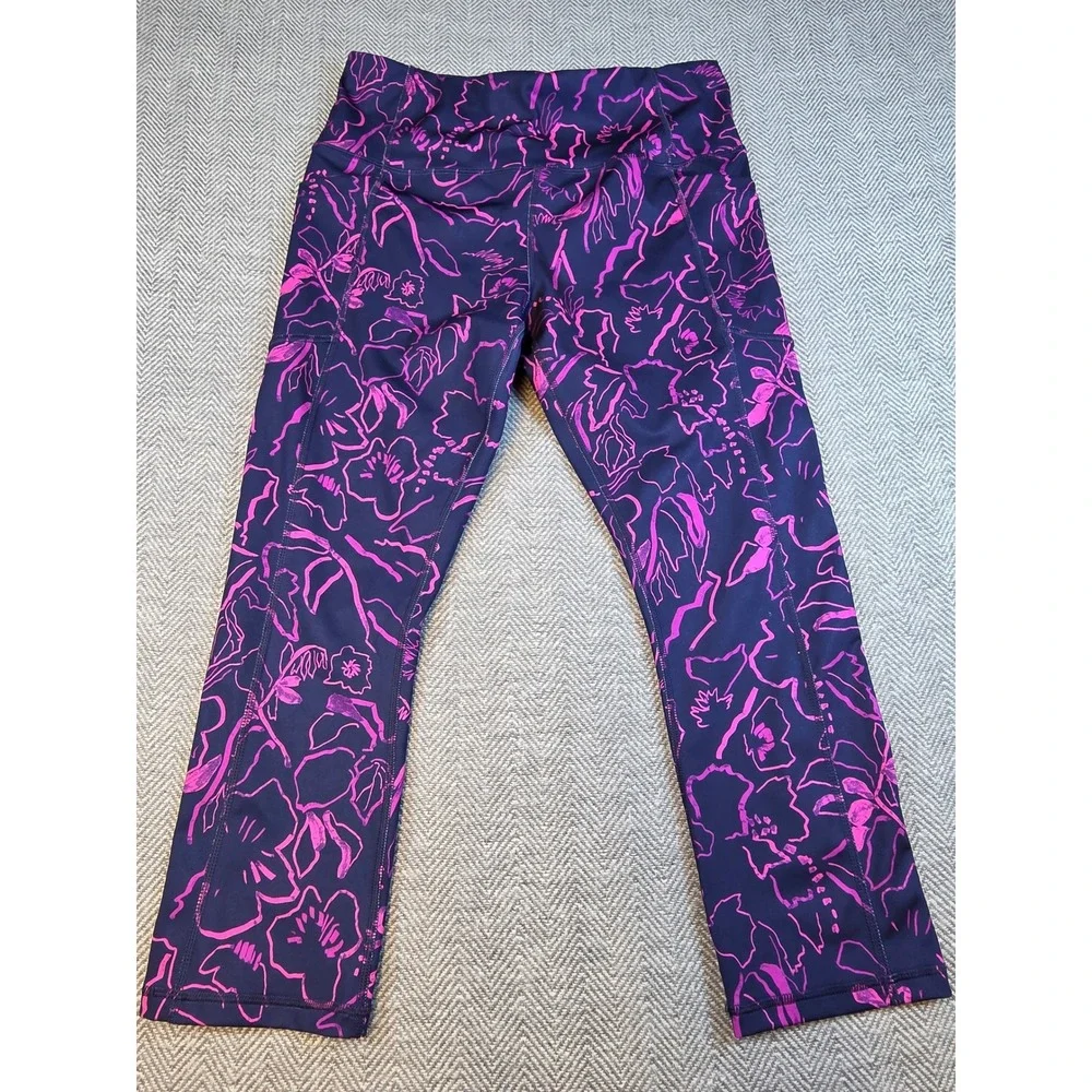 Avia Womens Navy Pink Floral High Waisted Capri Leggings Pockets Size M 8-10